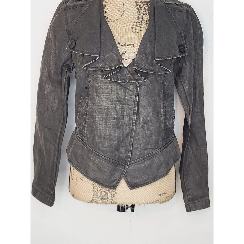 CAbi Charcoal Coated Linen Draped Ruffle Collar Cropped Moto Jacket Medium - Picture 4 of 13